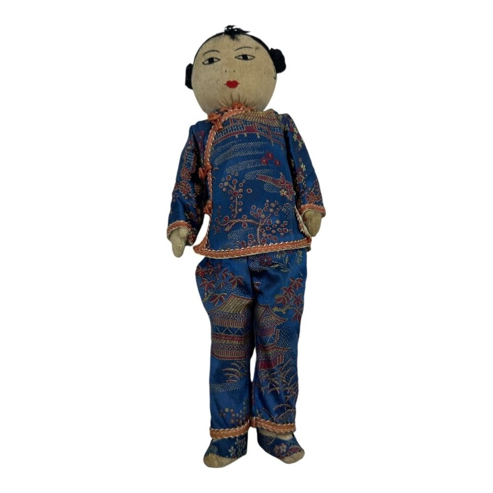 Vintage Ada Lum Chinese Hand Embroidered Stitched Blue Cloth Doll APP.‎ 11" Long